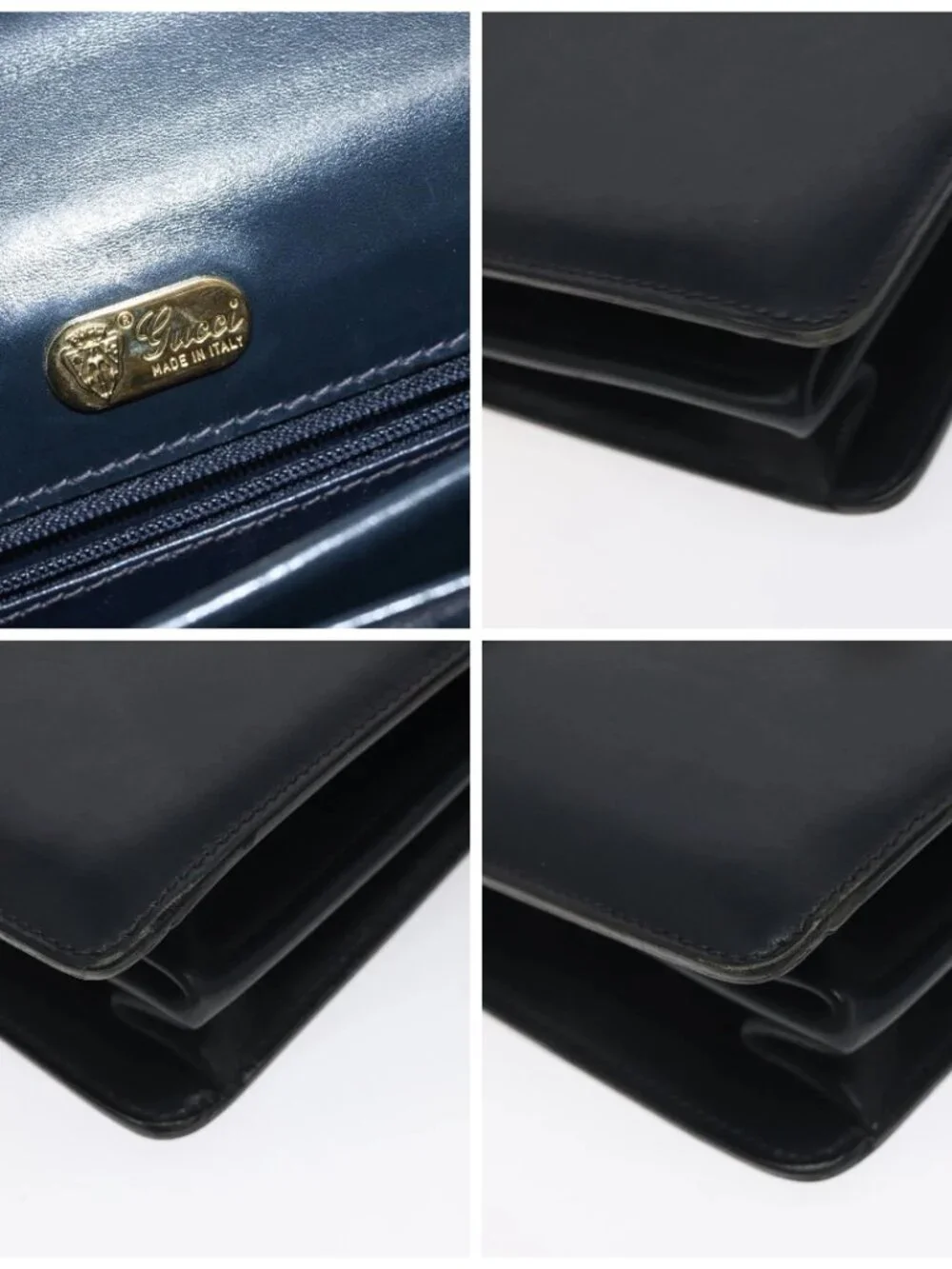 GUCCI Hand Bag Leather Navy Gold Auth - Picture 12 of 16